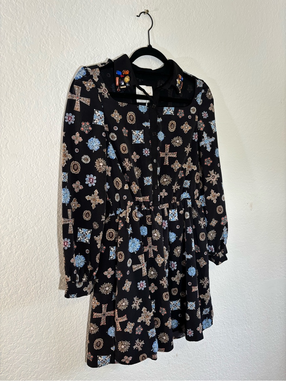 NWT Line & Dot Black Jewel Print Rhinestone Collar Long Sleeve Mini Dress Small - Picture 5 of 14
